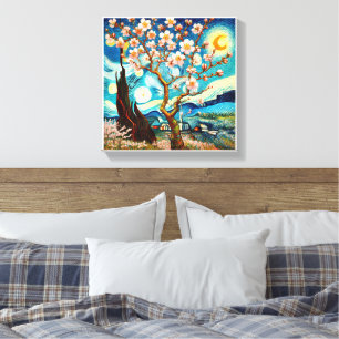 Van Gogh Amandelbloesem Landschap Maan Canvas Afdruk