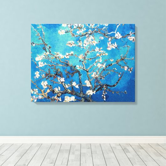 Van Gogh Amandelbloesems heldere turkoois Canvas Afdruk (Insitu (Houten vloer))