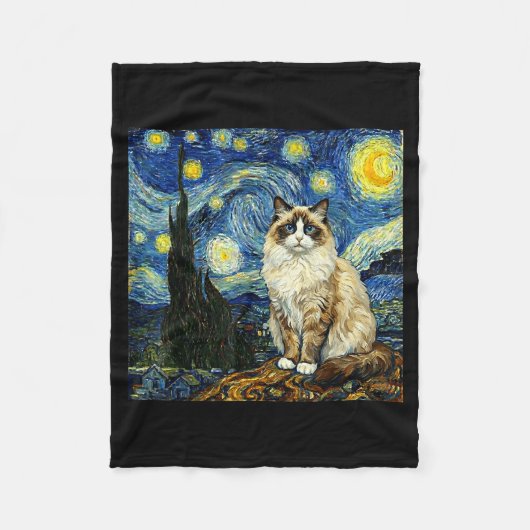 Van Gogh Art Starry Night - Funny Ragdoll Cat Arti Fleece Deken (Voorkant)
