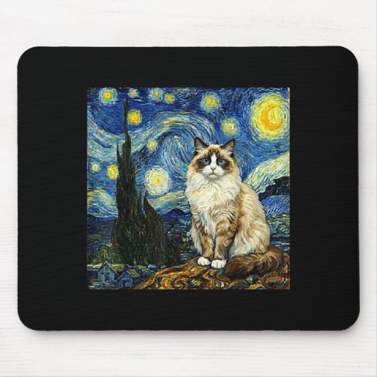 Van Gogh Art Starry Night - Funny Ragdoll Cat Arti Muismat (Voorkant)