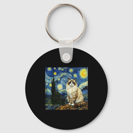Van Gogh Art Starry Night - Funny Ragdoll Cat Arti Sleutelhanger (Voorkant)