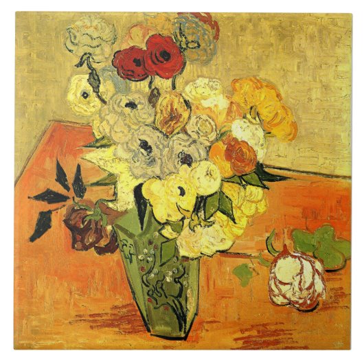 Van Gogh artwork, Japanese Vase with Roses, Tegeltje (Voorkant)