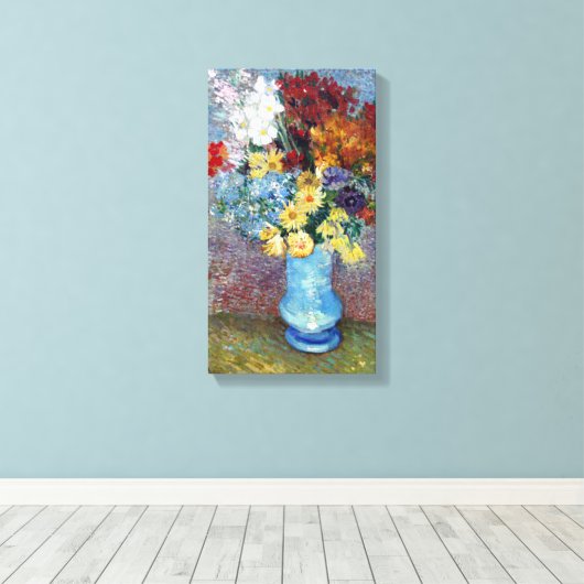  Van Gogh-bloemen in een blauwe vaas Canvas Afdruk (Insitu (Houten vloer))