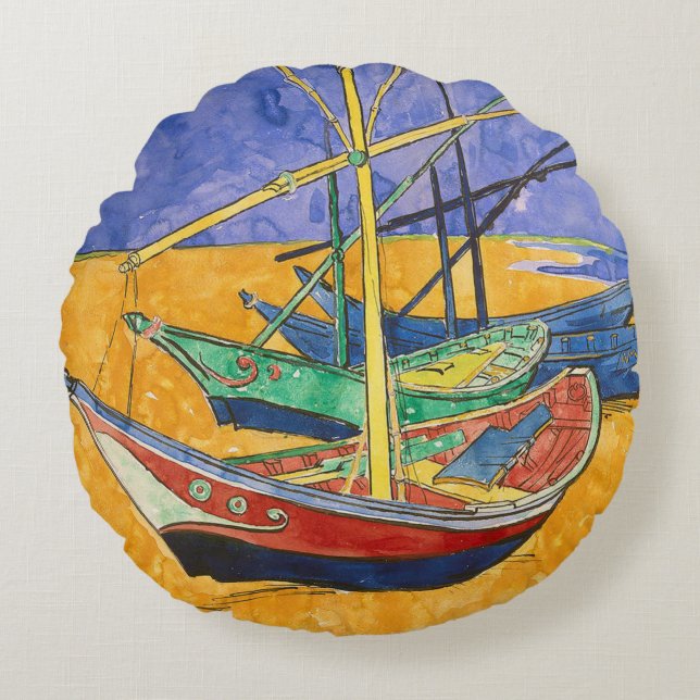 Van Gogh Boats Impressionisme Beach Rond Kussen (Voorkant)