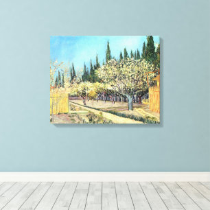 Van Gogh Boomgaard in Bloei, Omzoomd door Cipresse Canvas Afdruk