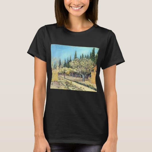 Van Gogh Boomgaard in Bloei, Omzoomd door Cipresse T-shirt (Voorkant)
