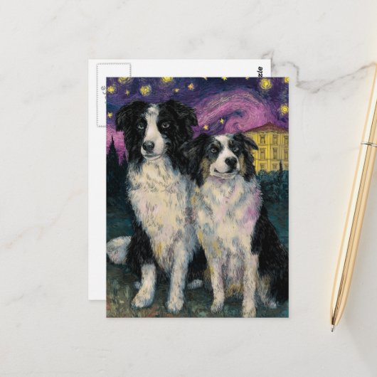 Van Gogh Border Collies 's Nachts Briefkaart (Voorkant / Achterkant in situ)
