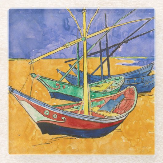 Van Gogh-boten Impressionisme Strand Glazen Onderzetter (Voorkant)