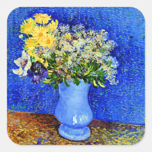 Van Gogh - Bouquet van Bloemen in een Blauwe Vase Vierkante Sticker