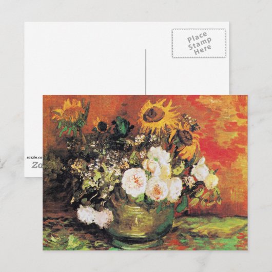 Van Gogh - Bowl met zonnebloemen, Rozen en andere Briefkaart (Voorkant / Achterkant)