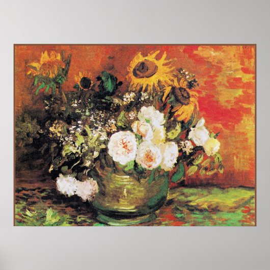 Van Gogh - Bowl met zonnebloemen, Rozen... Poster (Voorkant)