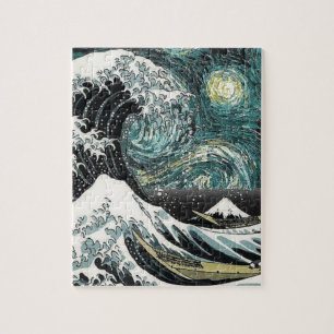 Van Gogh de Sterrennacht - Hokusai de Grote Golf Legpuzzel