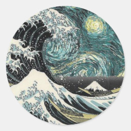 Van Gogh de Sterrennacht - Hokusai de Grote Golf Ronde Sticker