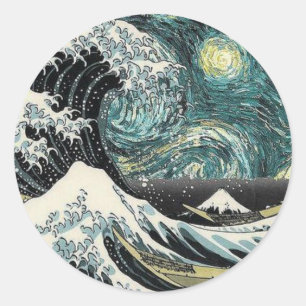 Van Gogh de Sterrennacht - Hokusai de Grote Golf Ronde Sticker