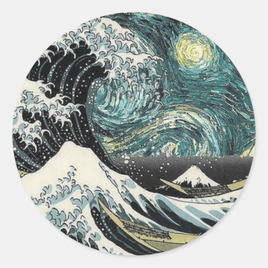 Van Gogh de Sterrennacht - Hokusai de Grote Golf Ronde Sticker (Voorkant)
