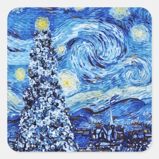 Van Gogh - de Sterrennacht - White Kerstsqua Vierkante Sticker (Voorkant)