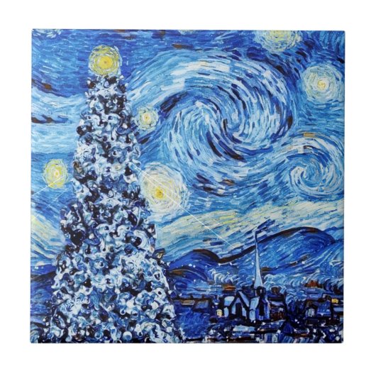 Van Gogh - de Sterrennacht - witte kerst Tegeltje (Voorkant)
