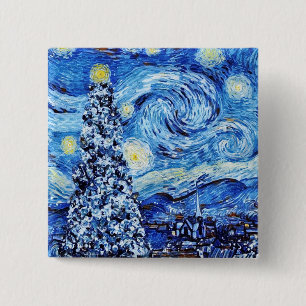 Van Gogh - de Sterrennacht - witte kerst Vierkante Button 5,1 Cm