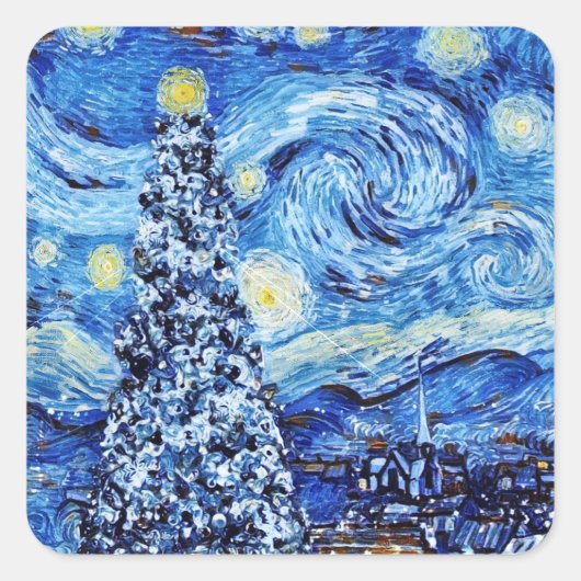Van Gogh - de Sterrennacht - Witte Kerstmis T-Sh Vierkante Sticker (Voorkant)