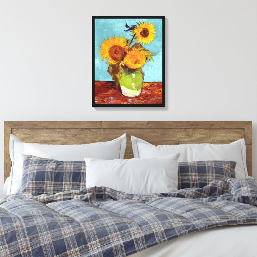 Van Gogh - Drie zonnebloemen in een vaas - fijne k Canvas Afdruk (Insitu (Slaapkamer))