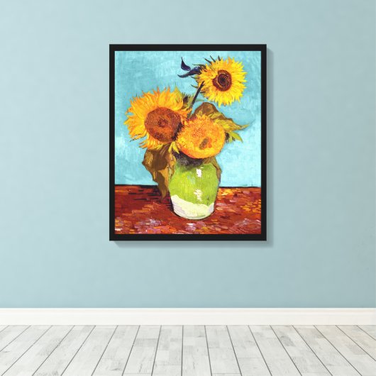 Van Gogh - Drie zonnebloemen in een vaas - fijne k Canvas Afdruk (Insitu (Houten vloer))