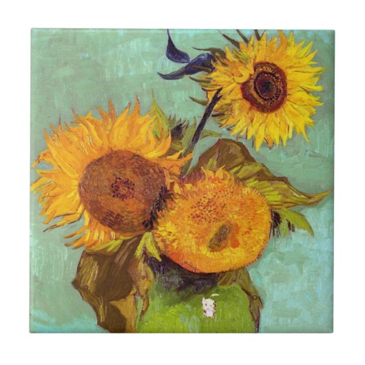 Van Gogh - Drie zonnebloemen in een vaas - fijne k Tegeltje (Voorkant)