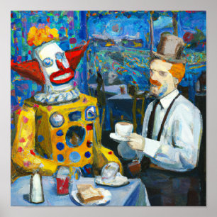 Van Gogh drink koffie met een clown robot Poster