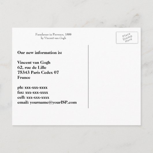 Van Gogh Farmhouse in Provence, Adres gewijzigd Aankondigingskaart (Achterkant)