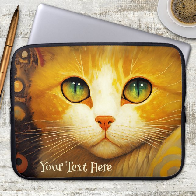 Van Gogh Geïnspireerd Kat Schilderen Laptop Sleeve (Personalized whimsical laptop sleeve featuring a colorful painting of a cute kitty in van Gogh style)