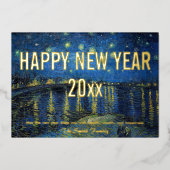 Van Gogh - Gelukkig nieuwjaar met Sterrennacht /Rh Folie Feestdagenkaart (Voorkant)