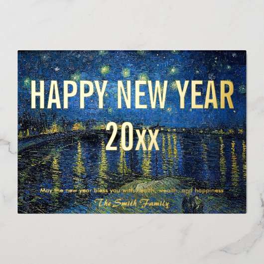 Van Gogh - Gelukkig nieuwjaar met Sterrennacht /Rh Folie Feestdagenkaart (Voorkant)