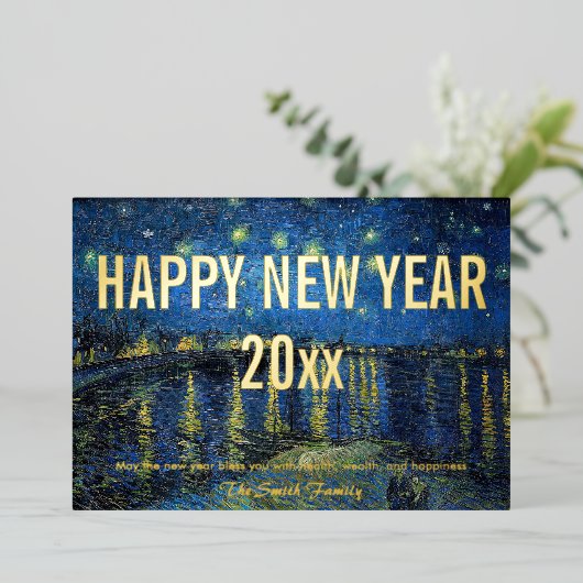 Van Gogh - Gelukkig nieuwjaar met Sterrennacht /Rh Folie Feestdagenkaart (Staand Voorkant)