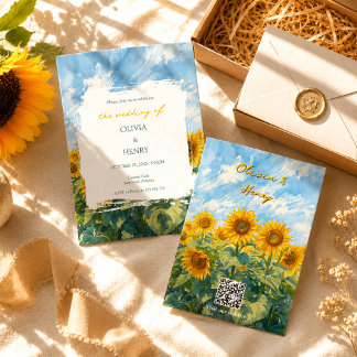 Van Gogh Inspiratie Zonnebloem QR Code Bruiloft Kaart