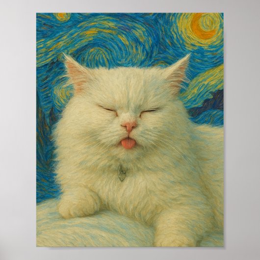 Van Gogh Inspired Cat Art – White Cat Under Starry Poster (Voorkant)