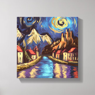 Van Gogh inspireerde Night Sky Mountain Village Canvas Afdruk