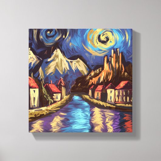 Van Gogh inspireerde Night Sky Mountain Village Canvas Afdruk (Voorkant)