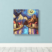 Van Gogh inspireerde Night Sky Mountain Village Canvas Afdruk (Insitu (Houten vloer))