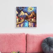 Van Gogh inspireerde Night Sky Mountain Village Canvas Afdruk (Insitu (Woonkamer))