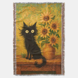 Van Gogh Inspireerde Zwarte Kat & Zonnebloemen Art Deken