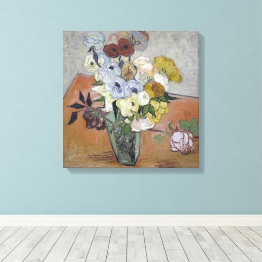 Van Gogh Japanse Vase met Rozen en annemonen Canvas Afdruk (Insitu (Houten vloer))