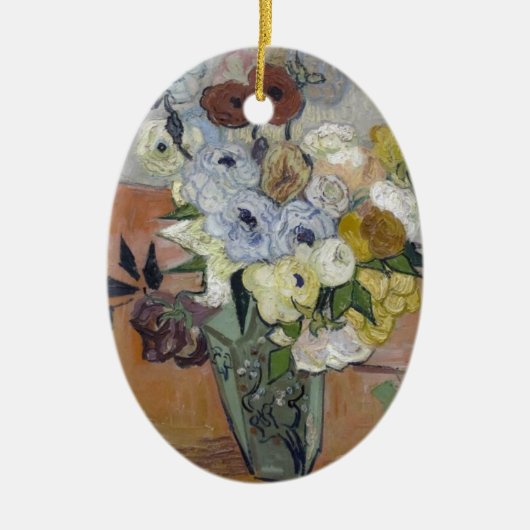 Van Gogh Japanse Vase met Rozen en annemonen Keramisch Ornament (Voorkant)