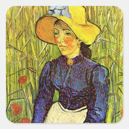 Van Gogh, Jonge boerin met strohoed Vierkante Sticker (Voorkant)