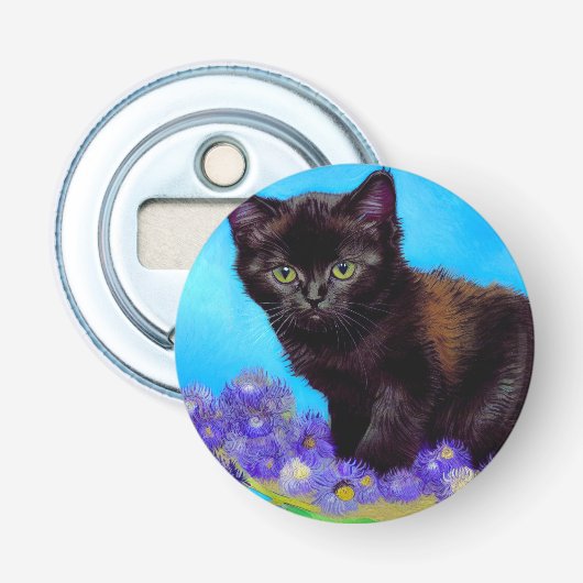 Van Gogh Kat en Bloemen Button Flesopener (Voorkant)