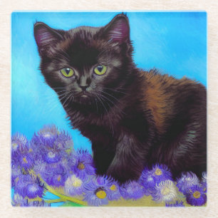 Van Gogh Kat en Bloemen Glazen Onderzetter