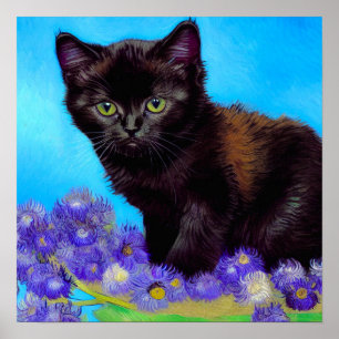 Van Gogh Kat en Bloemen Poster