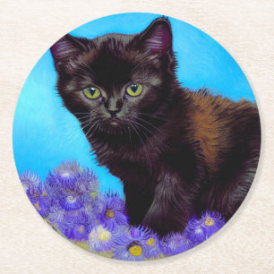 Van Gogh Kat en Bloemen Ronde Kartonnen Onderzetter