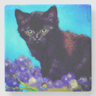 Van Gogh Kat en Bloemen Stenen Onderzetter