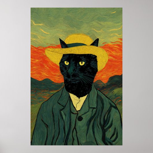 Van Gogh Kat Kunstprint Grappig Zwart Kat Portret Poster (Voorkant)
