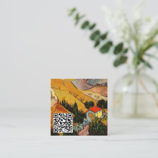 Van Gogh - Landschap, Huis, ploegenman - QR-code Vierkante Visitekaartje (Staand voorkant)