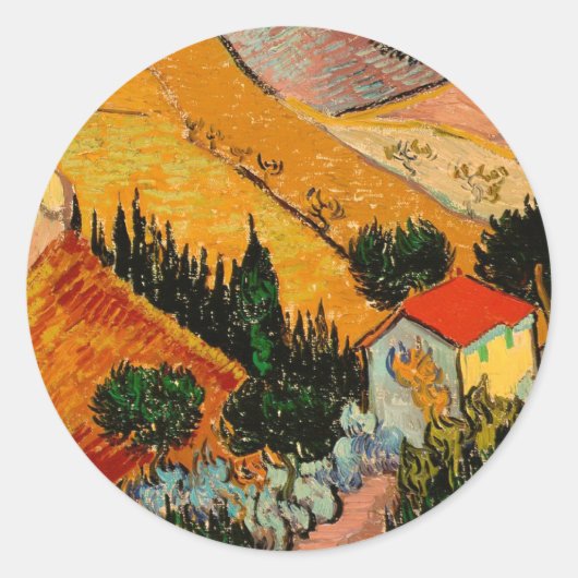 Van Gogh - Landschap met huizen en ploegen Ronde Sticker (Voorkant)
